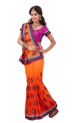 Party Wear Kundan Work Embroidered Saree - Color: Orange & Pink