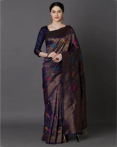 Soft Lichi Silk Saree - 5 Mtr Length, 0.80 Mtr Blouse | Navy Blue, Jacquard Fabric, Woven Pattern, Zari Work, Ideal For Traditional Party Wear