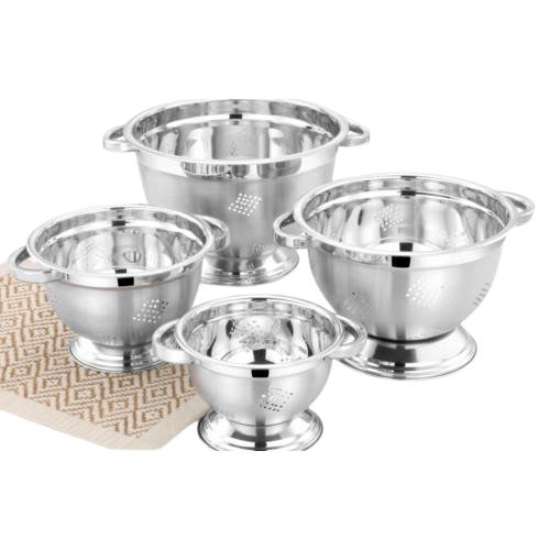 Stainless Steel Colander Set - 28cm, Mirror Finish, Silver Metal, Durable 4-Piece For Hotels and Restaurants