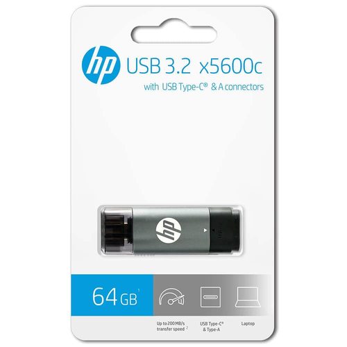 OTG 3.2 फ्लैश ड्राइव 64gb Hp टाइप C X5600c, डेटा स्टोरेज के लिए ग्रे और ब्लैक