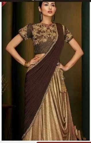 Beige And Brown Color Thread Work Classic Embroidered Designer Saree For Partywear