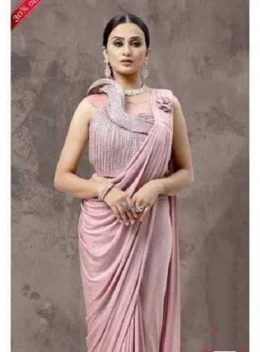 Spring Party Wear Classic Ruffle Light Pink Color Lycra Fabric Designer Saree With Sequence Work