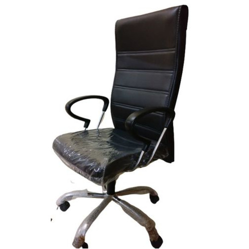 Leatherette High Back Office Chair - Fixed Arms, Soft PU Chrome Armrest, Black Color, Modern Design with Steel Base