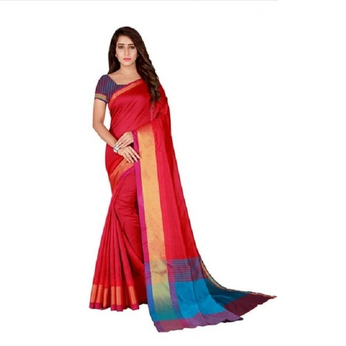 Bhelpuri Cotton Plain Saree With Blouse Piece - Color: Red