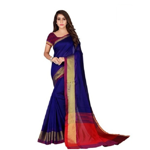 Bhelpuri Cotton Saree With Blouse Piece - Color: Navy Blue