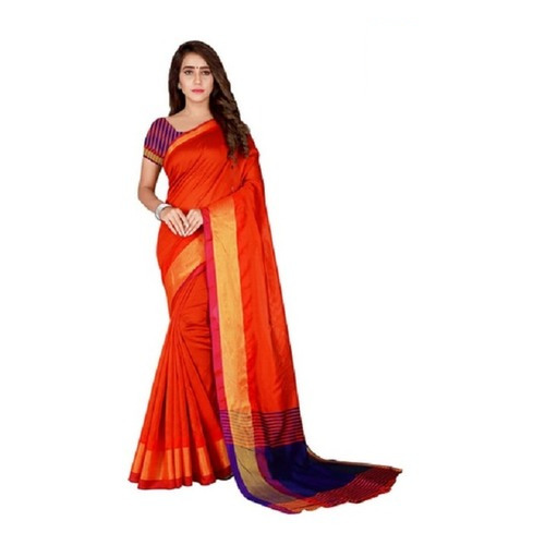 Ladies Bhelpuri Cotton Plain Saree With Blouse Piece - Color: Orange