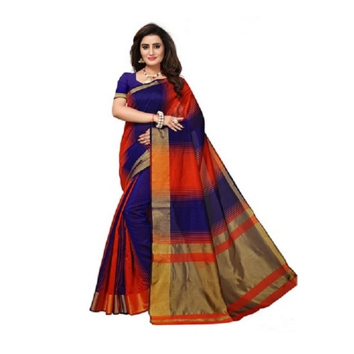 Ladies Bhelpuri Cotton Saree - Color: Blue And Red