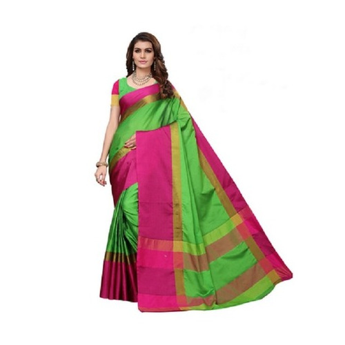 Ladies Bhelpuri Cotton Saree With Blouse Piece - Color: Green And Pink