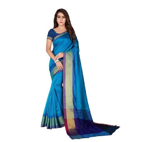 Ladies Woven Bhelpuri Cotton Plain Saree - 5.25 Meters Length, Includes Blouse Piece 0.80 Meters | Olympic Blue, Skin Friendly, Color Fastness, Easy Washable
