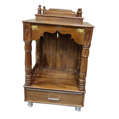 Hand Carved Antique Imitation Teak Wood Temple - 3ft Height, 1.75ft Width, 1.25ft Depth | Natural Polish Finish, Steel Wheel Base, Easy to Clean