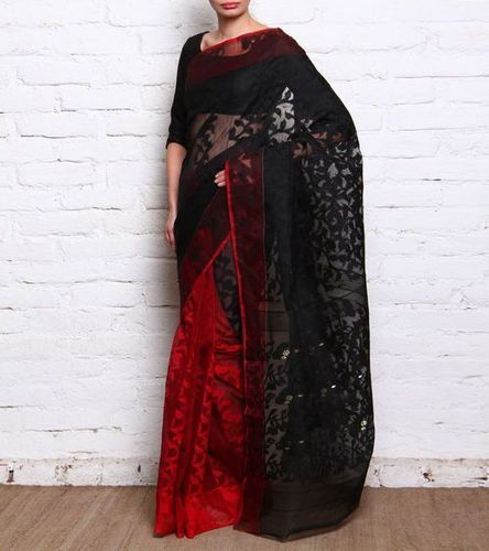 Multi Color Easy To Carry And Light Weight Party Wear Red And Black Designer Cotton Sarees