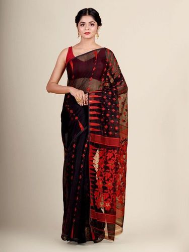 Extremely Light Weight Party Wear Black And Red Jamdani Saree With Geometric