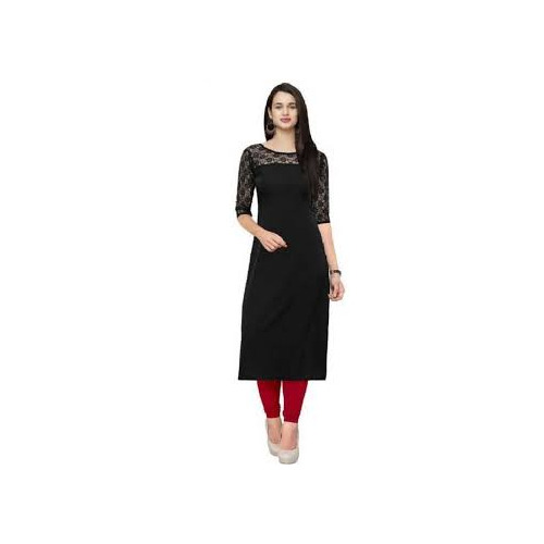 Black Poly Silk Straight Kurta Set - Round Neck with Sequinned Neck Region, 3/4th Sleeves and Flower Tussles, Ideal for Comfort and Style