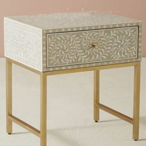 Floral Pattern With Art Deco Design Wood And Bone Made Rectangular Bedside Table Indoor Furniture