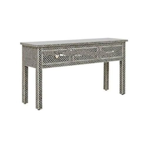 Painted Gray And White Rectangular Wooden With Bone Made Foliage Inlay Console Cum Inlay Furniture