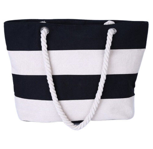 Light Weight And Spacious Strip Design Rope Handle Canvas Strap Tote Bag For Shopping Purpose