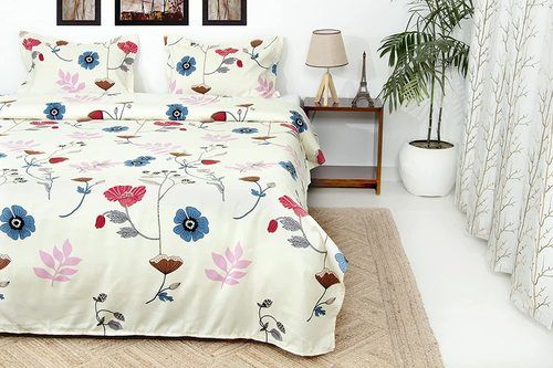 White Cotton Soft Satin Weave 200 Tc Printed Double Bed Sheet With 2 Pillow Covers