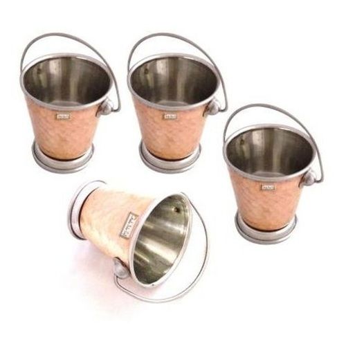 Silver+Copper 100 Ml Pure Copper Bucket (Balti) Set Of 4 Pieces For Dish Serving In Party, Pooja