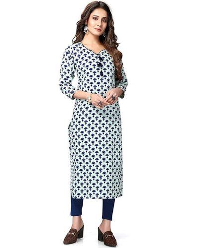 Blue Women'S Pure Cambric Cotton Jaipuri Printed Straight Kurti