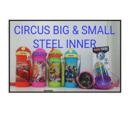 Circus-Themed Steel Inner Water Bottle - Dual Sizes for Big and Small Hydration Needs, Multicolor Design with Secure Screw-On Lid and Durable BPA-Free Plastic Exterior