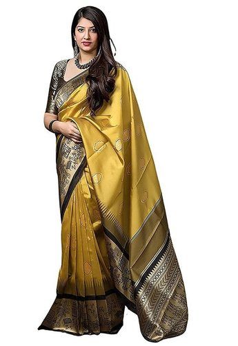 Party Wear Gold Zari Work Women'S Crepe Saree With Blouse Piece