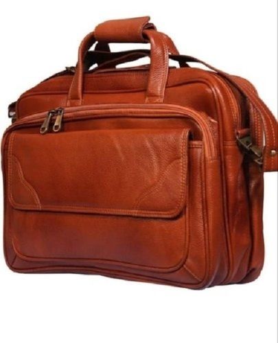 Grey Plain Design And Brown Color Leather Executive Bag With Zipper Closure Style And 3 Compartment