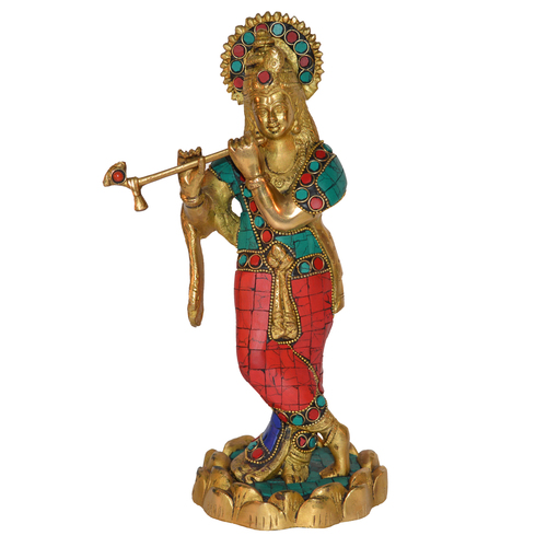 Turquoise Finish Brass Lord Krishna Statue