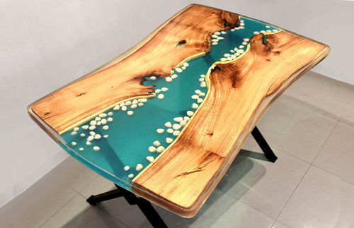 River View Epoxy Resin Hard Wood Dining Table with Metal Base and Thickness of 1.5 Inch