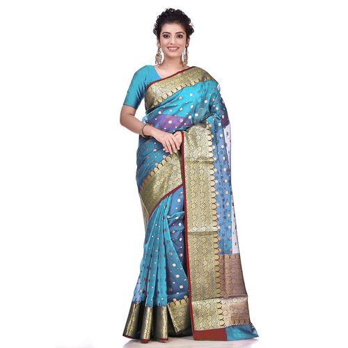 Womens Sky Blue Banarasi Organza Silk Saree with Blouse Piece