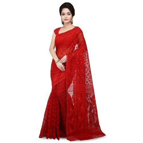 Casual Wear Dhakai Red Jamdani Printed Sarees, With Blouse, 6.3 M