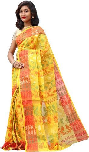 Mix Color Printed Jamdani Cotton Ladies Saree With Unstitched Blouse Piece