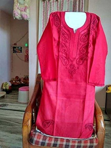 100% Pure Cotton 3/4/Sleeve Pink Color Straight Chicken Karigari Kurtis For Ladies