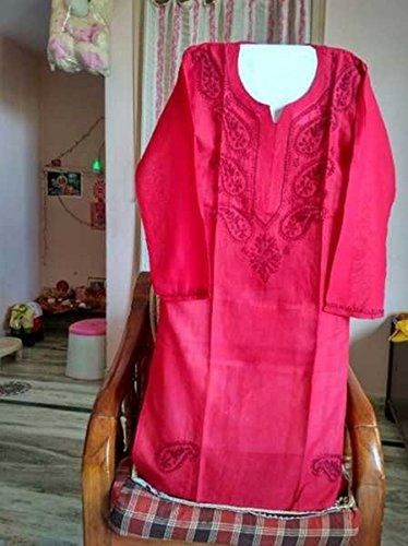  100% Pure Cotton 3/4/Sleeve Pink Color Straight Chicken Karigari Kurtis For Ladies Bust Size: 38 Inch (In)