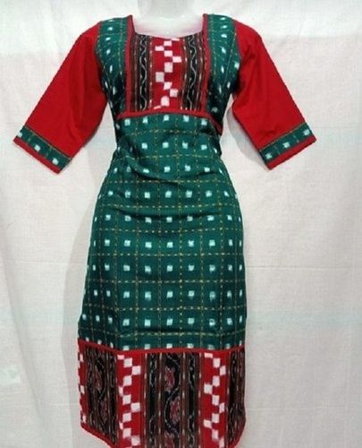  Red And Green Color Sambalpuri Round Neck Three-Quarter Sleeve Trending Fashion Kurti For Ladies Bust Size: 38 Inch (In)