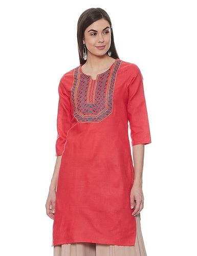 A-Line Red Color Regular Wear 3/4 Sleeve Cotton Long Kurta For Ladies