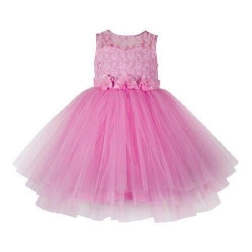 Pink Color Netted Printed Pattern Trendy Baby Girls Frock For Party Wear