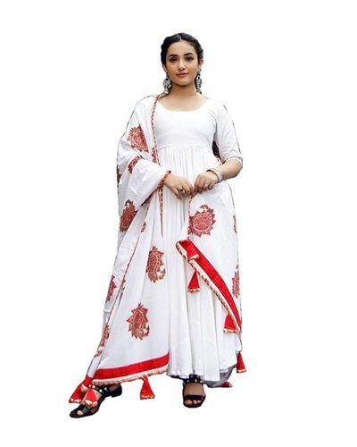 White Color Red Printed Women'S Plain Cotton Gown Kurta And Printed Dupatta Set