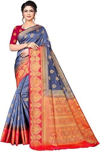 Party Wear Women'S Banarasi Kanjivaram Silk With Weaving Jari Butta Saree With Unstitched Blouse