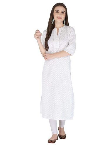 Women'S Pure Cotton Chikankari Embroidery Work Straight Calf Length Kurti