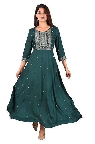 Indian Casual Short Sleeve Cotton Embroidered Green Anarkali Kurti For Women And Girls