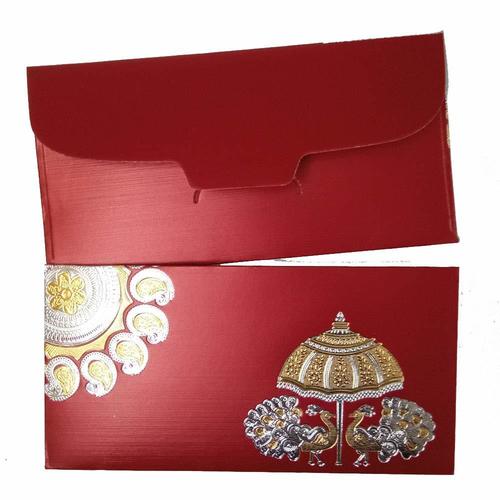 Maroon Color Fancy 2 Peacocks Umbrella Design Shagun Envelopes For Wedding Invitation Card, Pack Of 10
