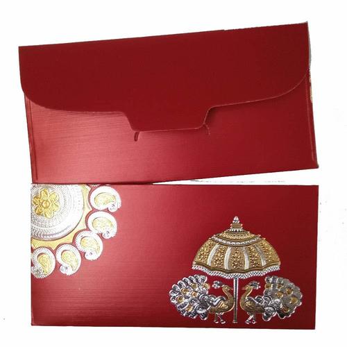 Maroon Color Fancy 2 Peacocks Umbrella Design Shagun Envelopes For Wedding Invitation Card, Pack Of 10 Size: 18.5 X 9.5 Cm