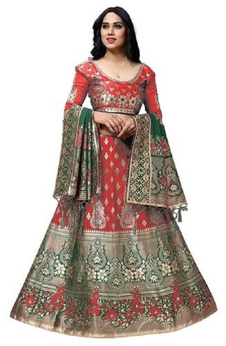 Lehenga Choli - Banarasi Silk Jacquard, Free Size 41-44 Inches | Modern Half Sleeves, Round Neck, Zari Work, Ideal for Parties and Festivities