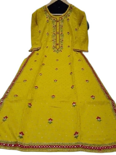 White Party Wear 3/4Th Sleeve Round-Neck Yellow Printed Anarkali Kurtis For Ladies