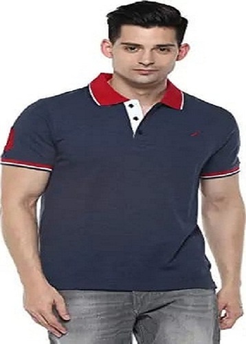 Plain Cotton Mens Blue T-Shirt With Red Colour Polo Neck Collar For Casual And Party Wear Gender: Male