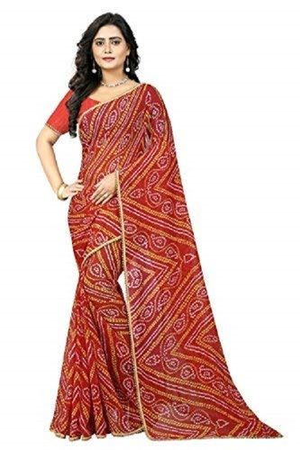 Designer Daily Wear Red Printed Georgette Bandhani Ladies Saree With Unstitched Blouse Piece