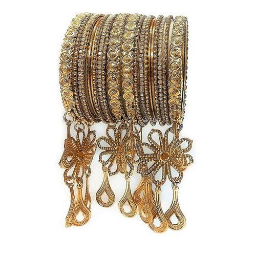 Fashion Classic Antique Look Gold Plated Artificial Bangles With Studded Pearl Traditional Latken