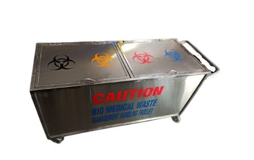 Silver Color Stainless Steel Caution Bio Medical Waste Management Handling Trolley
