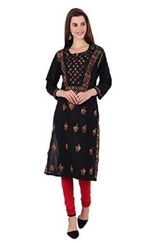 Silk Base Black Color Womens Lucknow Pure Cotton Chikankari Long Length Kurti