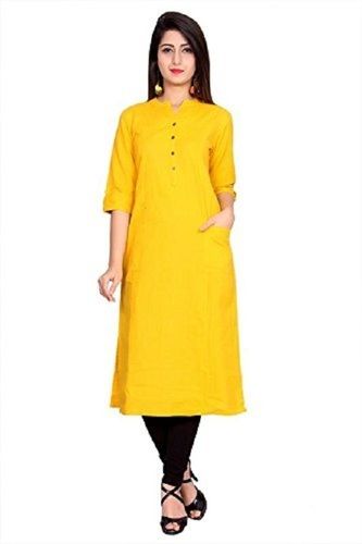 Silk Shot Sleeves Yellow Colour Stylish Designer Pure Cotton Kurti For Women